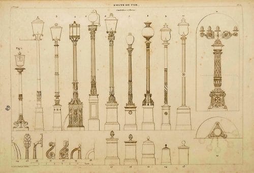 Dessin représentant les différents modèles de lampadaires au 19ème siècle